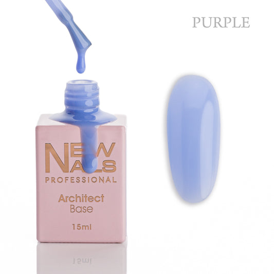 New Nails Professional Architect Base Purple 15 ml bottle, brush and cool lavender rubber base gel swatch