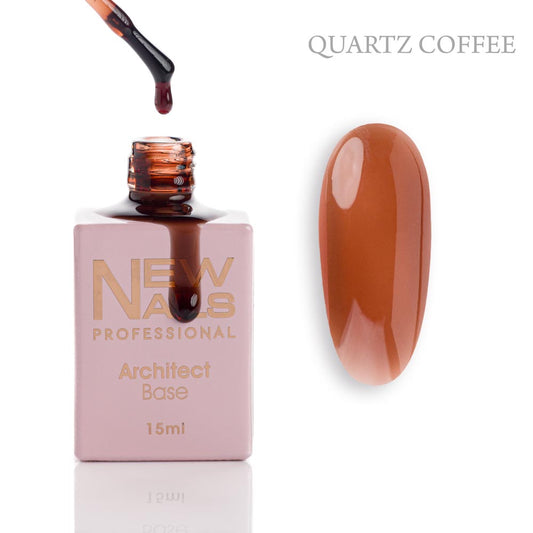 New Nails Professional Architect Base Quartz Coffee 15 ml bottle, brush and warm coffee brown rubber base gel swatch