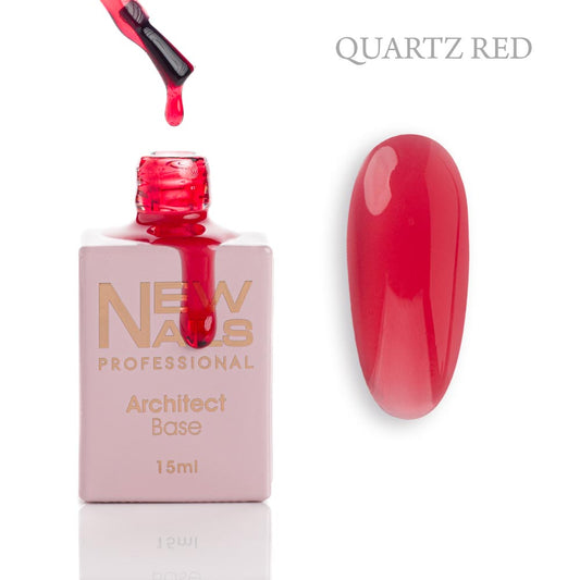 New Nails Professional Architect Base Quartz Red 15 ml bottle, brush and translucent red rubber base gel swatch