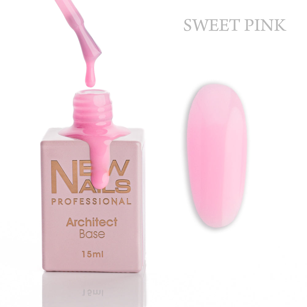 New Nails Professional Architect Base Sweet Pink 15 ml bottle, brush and soft pink rubber base gel swatch