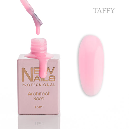 New Nails Professional Architect Base Taffy 15 ml bottle, brush and soft pink rubber base gel swatch