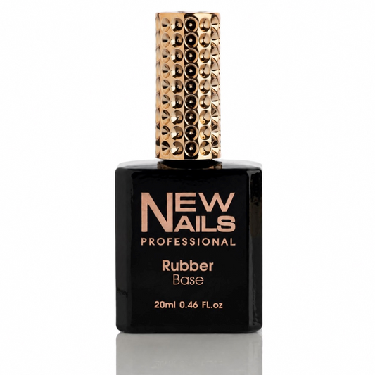 New Nails Professional Rubber Base Gel Clear 20 ml bottle with black body and gold textured cap